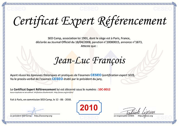 Certification de Jean-Luc François Certification de Jean-Luc François