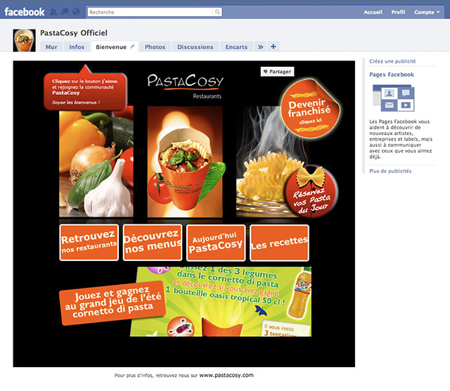 landing page pastacosy facebook