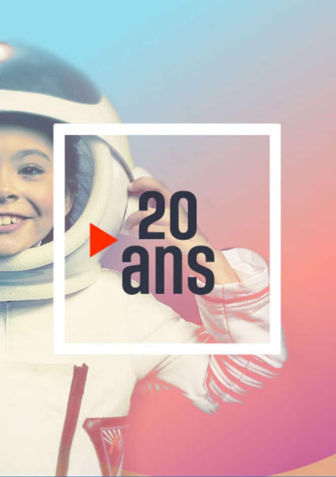 Affiche l'agence a 20 ans, astronaute, fond coloré.