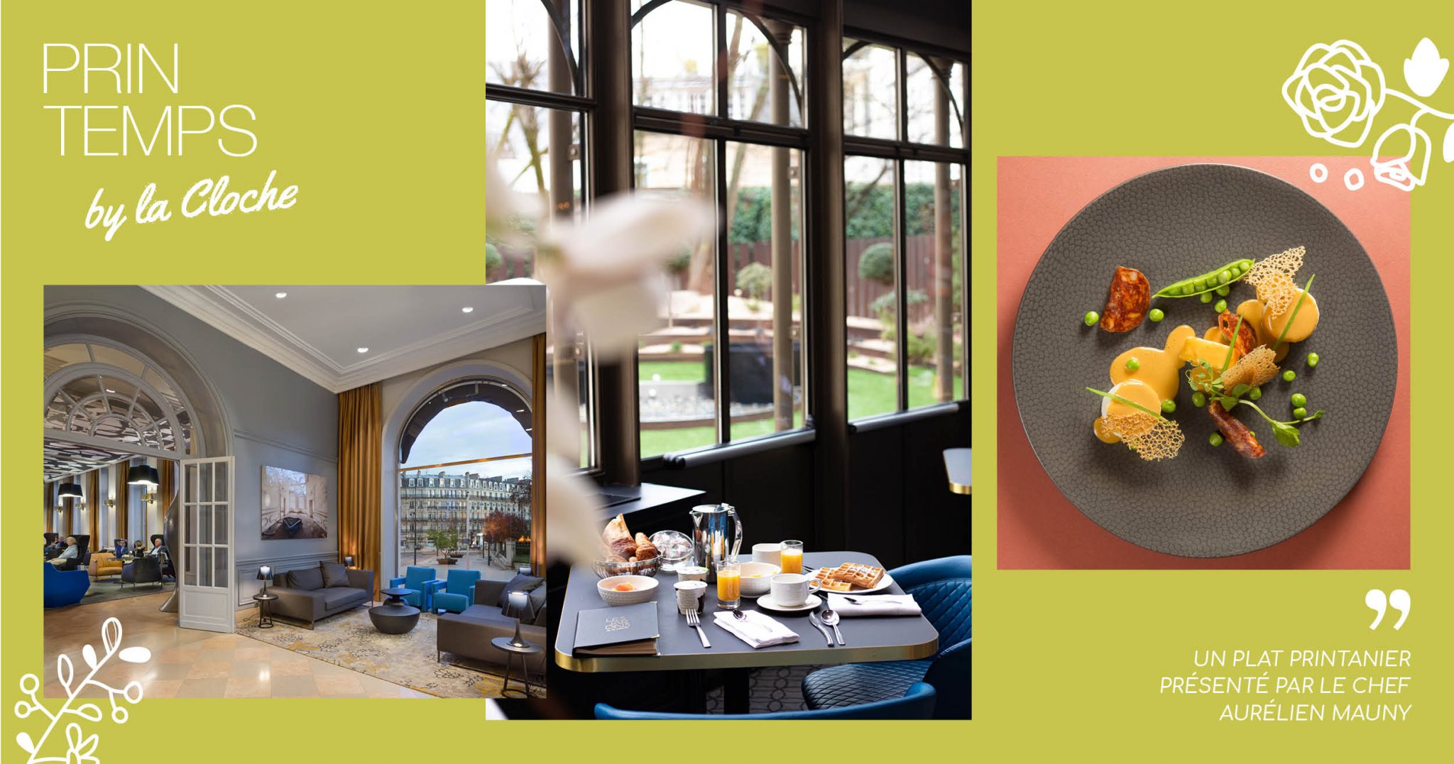 Superposition de photos qui annoncent le printemps, sur fond vert : le hall de l'hôtel, le restaurant, un plat.