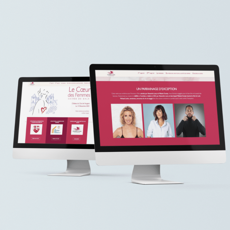 Mockup site, ordinateurs, rose, blanc, photos événement caritatif FEVB