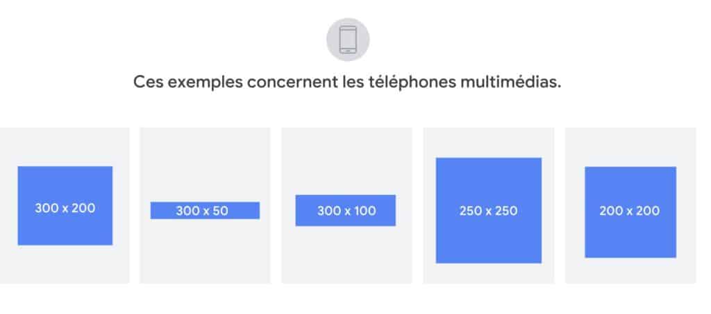 Aperçu formats google ads displays mobiles, rectangles bleus, fond gris