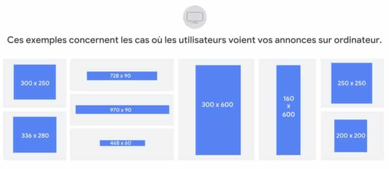 Aperçu formats display mobile, rectangles google ads bleus fond gris
